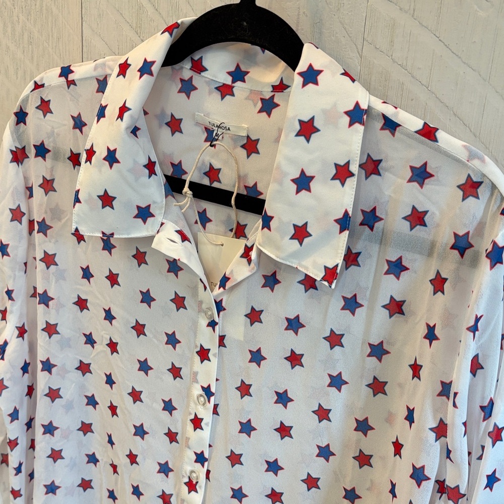 Tularosa White Button-Down Silky Sheer Top Red Blue Stars Patriotic NWT Medium